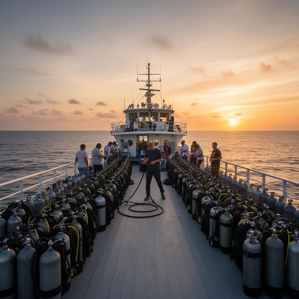 Liveaboard deck with tanks at sunrise