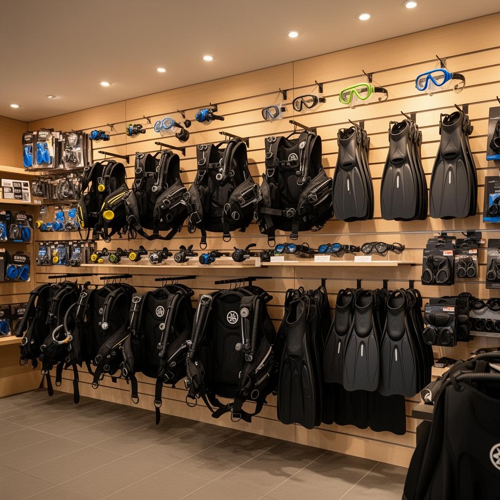 Dive gear wall in a retail shop