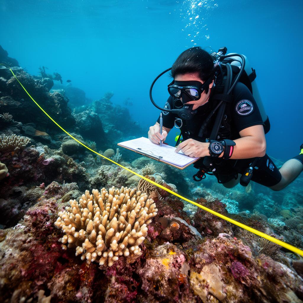 Scientific diver documenting coral on a transect