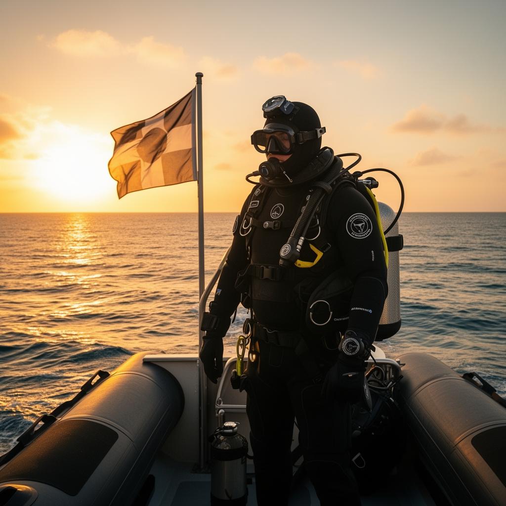 Divemaster on a RIB at sunset