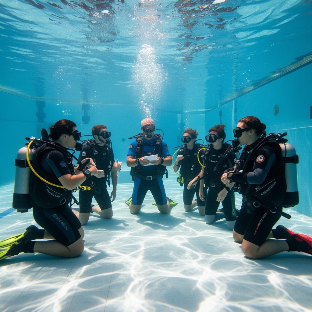 Instructor teaching students in a pool