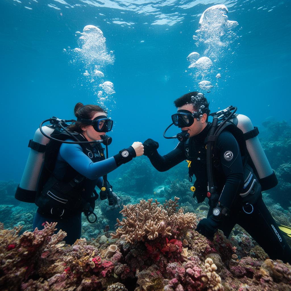 Two divers fist-bumping underwater