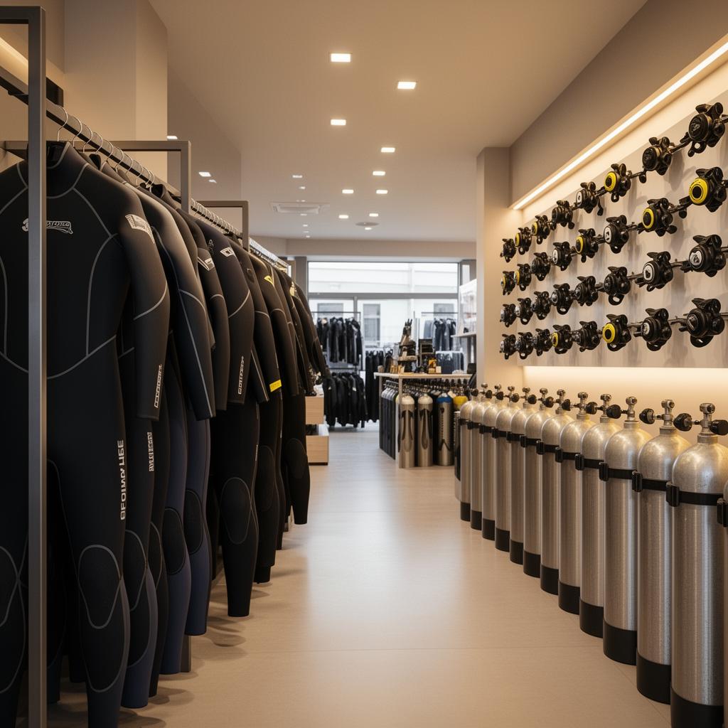 Clean dive shop interior with wetsuits and tanks