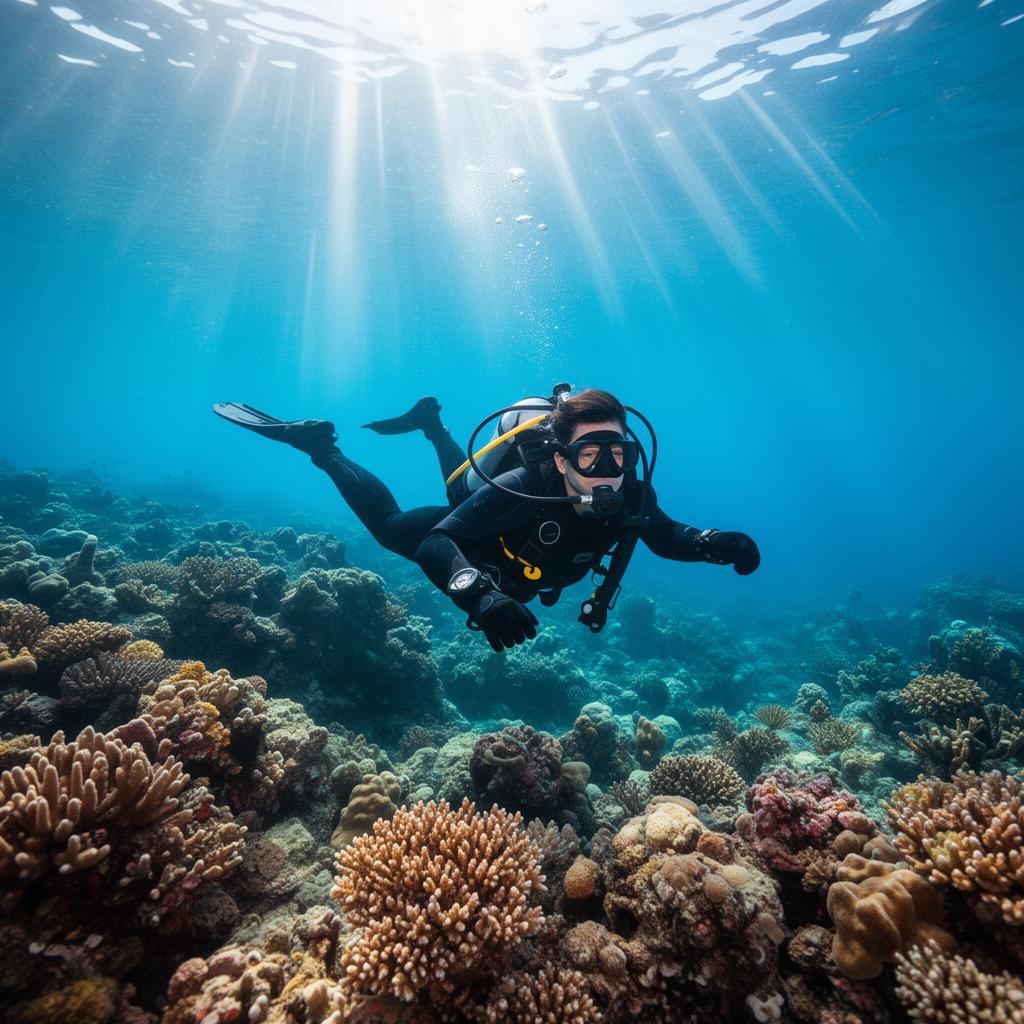 Scuba diver gliding over a tropical reef